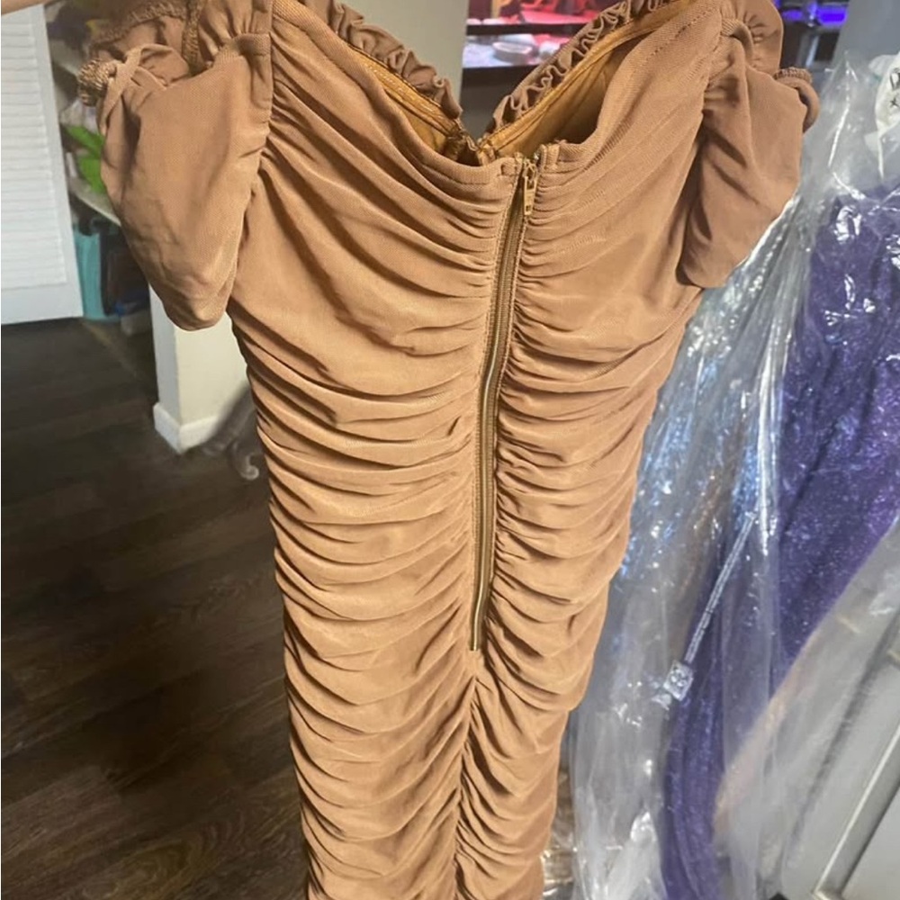 Windsor Tan Ruched Mini Dress